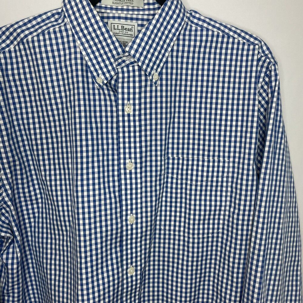 LL Bean Shirt Men 16 33 Blue Long Sleeve Gingham Check Wrinkle Free Slightly Fit - Picture 6 of 9